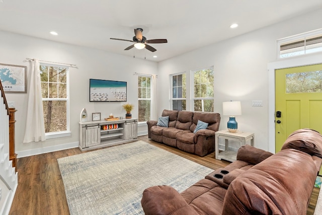 578 Firefly Dr, Canyon Lake, TX 78133 - living room with ceiling fan, wood finished floors, plenty of natural light, and recessed lighting