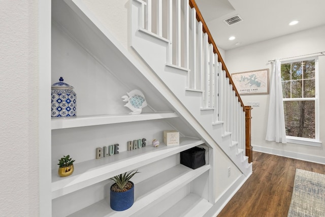 578 Firefly Dr, Canyon Lake, TX 78133 - staircase with wood finished floors and recessed lighting