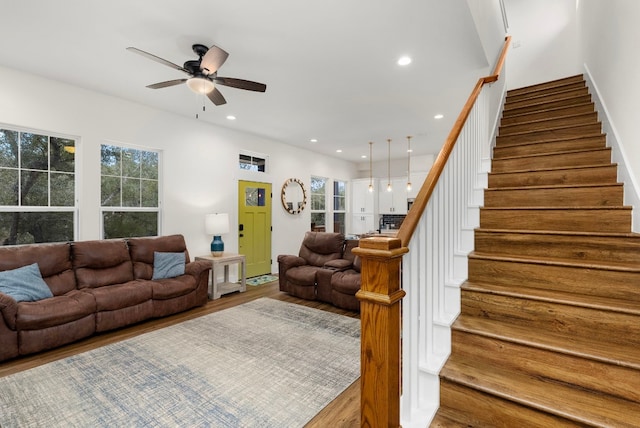 578 Firefly Dr, Canyon Lake, TX 78133 - living area with stairs, ceiling fan, healthy amount of natural light, recessed lighting, and wood finished floors