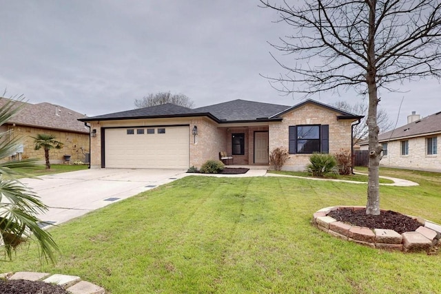 view of front of house featuring a shingled roof, concrete driveway, an attached garage, a front lawn, and brick siding