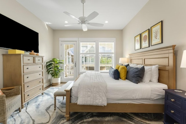 bedroom with a ceiling fan, access to outside, light wood-style floors, and recessed lighting