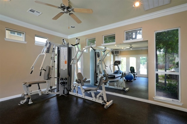 11000 Anderson Mill Rd Unit 52, Austin, TX 78750 - exercise room featuring a ceiling fan, crown molding, recessed lighting, and baseboards