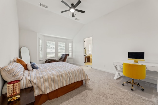 bedroom featuring carpet floors, baseboards, visible vents, and lofted ceiling