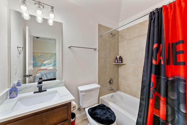 ensuite bathroom with shower / tub combo with curtain, vanity, toilet, and ensuite bathroom