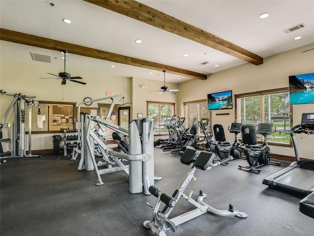 604 Caprock Canyon Trl, Georgetown, TX 78633 - exercise room with ceiling fan, recessed lighting, a healthy amount of sunlight, and visible vents