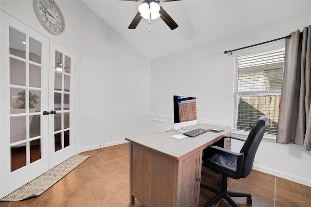 2405 Billy Pat Rd, Leander, TX 78641 - office with lofted ceiling, a ceiling fan, french doors, and light tile patterned floors