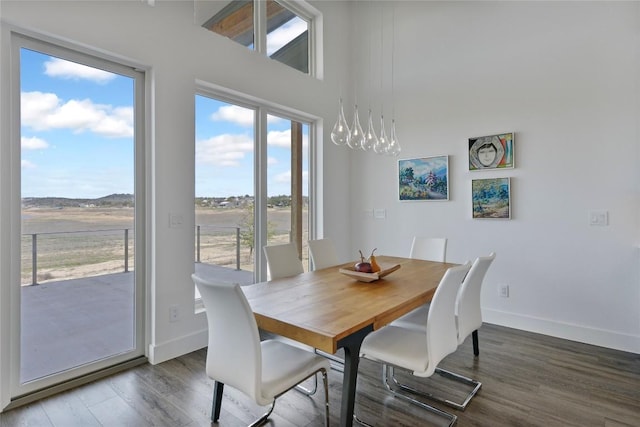 dining area with baseboards, a chandelier, and wood finished floors