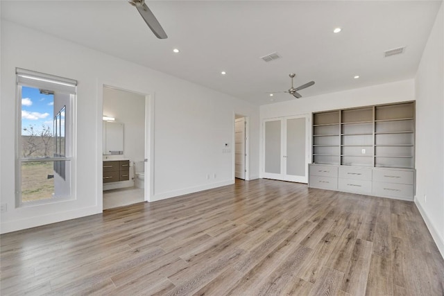 unfurnished bedroom with baseboards, recessed lighting, visible vents, and light wood-style floors