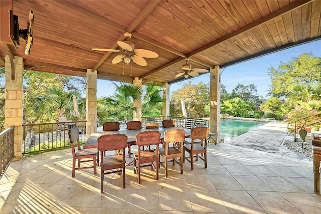 view of patio / terrace featuring a ceiling fan, outdoor dining area, and a fenced in pool