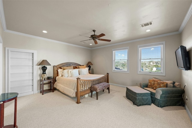 bedroom featuring baseboards, visible vents, crown molding, carpet floors, and recessed lighting