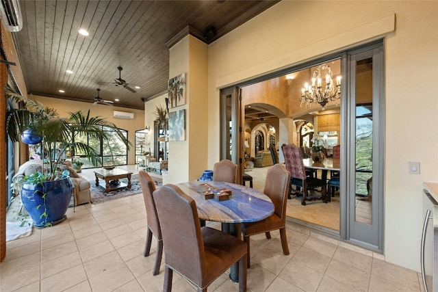 dining room featuring arched walkways, wood ceiling, a wall unit AC, and light tile patterned flooring