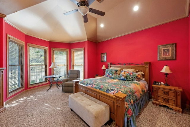 bedroom with carpet floors, ceiling fan, crown molding, and recessed lighting