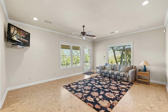 living area featuring baseboards, visible vents, crown molding, and recessed lighting