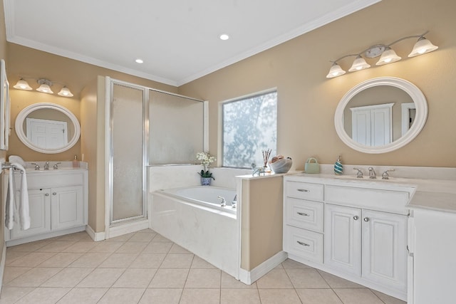 full bathroom with a shower stall, crown molding, a sink, and tile patterned floors