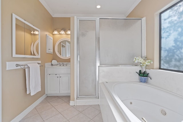 bathroom featuring ornamental molding, vanity, a shower stall, a whirlpool tub, and tile patterned floors