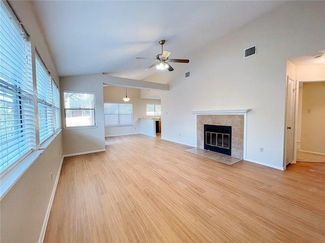 unfurnished living room with visible vents, baseboards, a tile fireplace, ceiling fan, and light wood-style floors