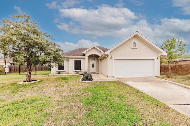 single story home featuring stucco siding, a front yard, fence, a garage, and driveway