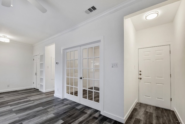 3840 Far W Blvd Unit 215, Austin, TX 78731 - foyer with french doors, dark wood-style flooring, ornamental molding, baseboards, and ceiling fan