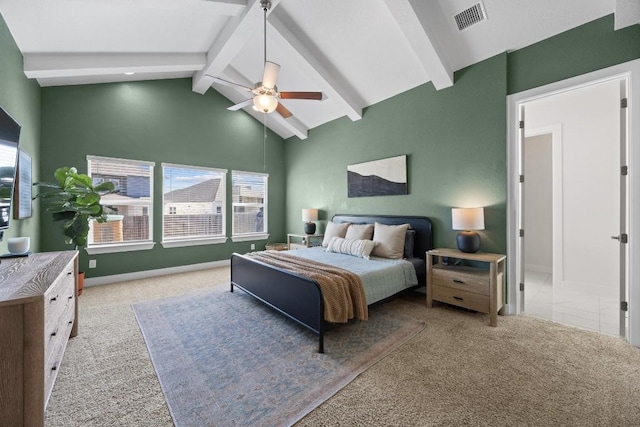 bedroom with high vaulted ceiling, light carpet, visible vents, baseboards, and beamed ceiling