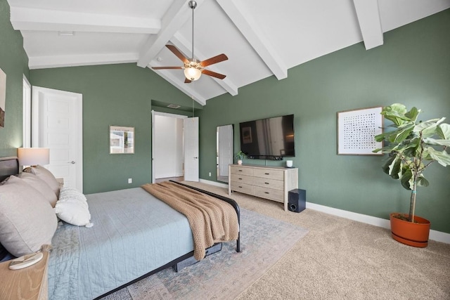 bedroom featuring light carpet, vaulted ceiling with beams, a ceiling fan, and baseboards