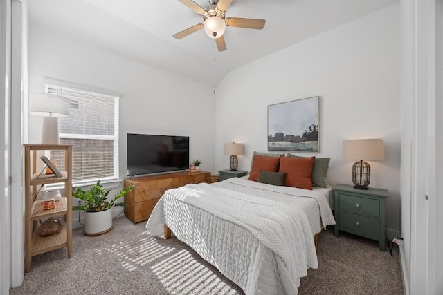 bedroom featuring carpet floors, ceiling fan, and vaulted ceiling