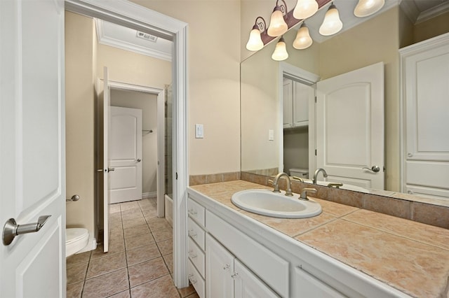 full bathroom featuring tile patterned flooring, vanity, visible vents, and crown molding