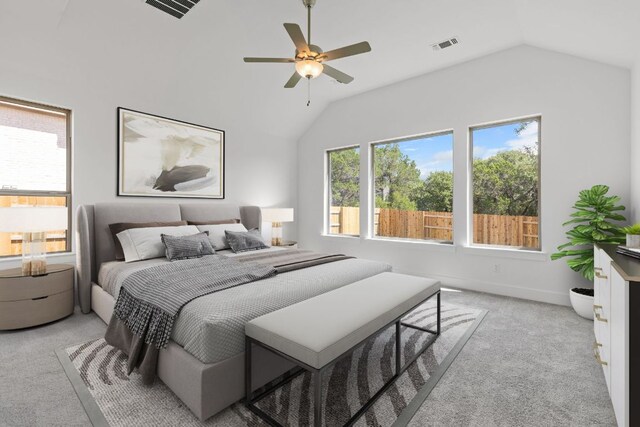 100 Wild Bluebell Cv, Georgetown, TX 78628 - bedroom featuring vaulted ceiling, light colored carpet, and a ceiling fan