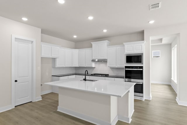 kitchen featuring tasteful backsplash, stainless steel appliances, under cabinet range hood, white cabinetry, and a sink