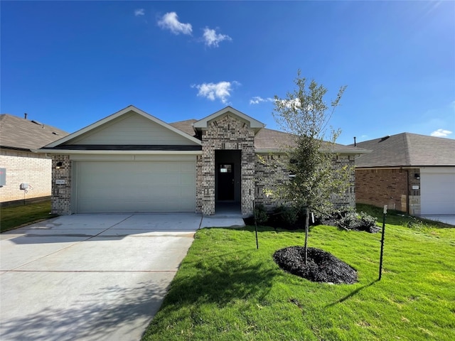 single story home featuring a garage, driveway, a front lawn, and brick siding