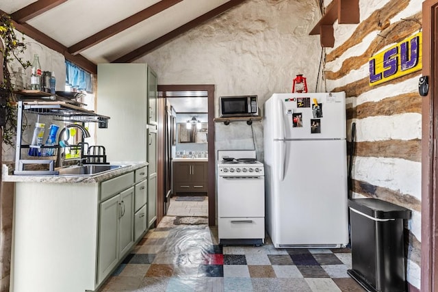 kitchen with dark floors, vaulted ceiling with beams, light countertops, white appliances, and green cabinetry