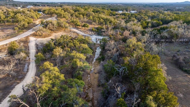 drone / aerial view featuring a wooded view