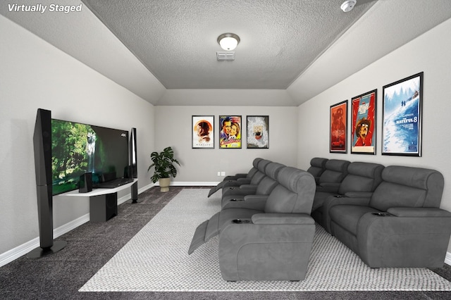 carpeted living room with lofted ceiling, visible vents, a textured ceiling, and baseboards