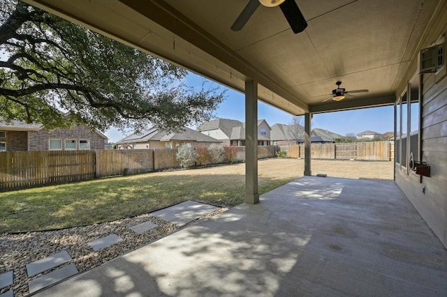 view of patio / terrace with a residential view, a fenced backyard, and ceiling fan