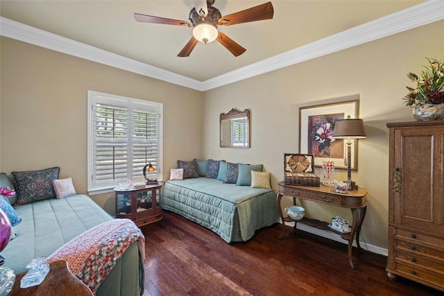 bedroom featuring crown molding, baseboards, ceiling fan, and dark wood-type flooring