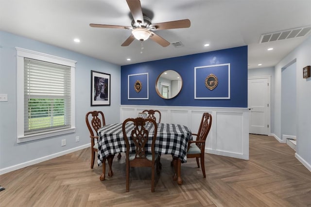 dining area with recessed lighting, visible vents, and ceiling fan