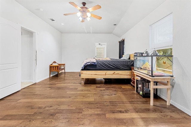 3640 Big Divide Rd, Copperas Cove, TX 76522 - bedroom featuring wood finished floors, multiple windows, vaulted ceiling, and a ceiling fan