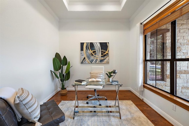 home office with baseboards, a raised ceiling, dark wood finished floors, and crown molding