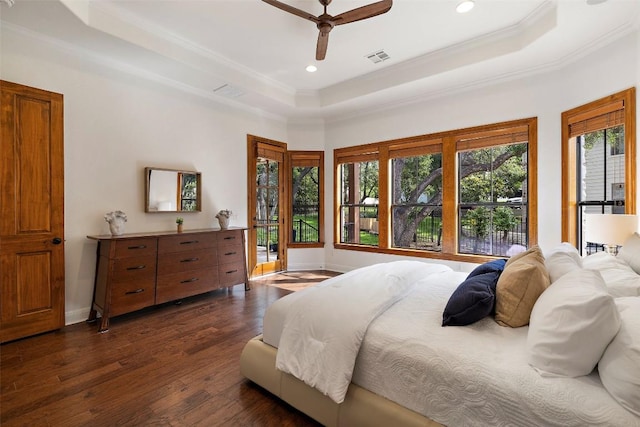 41 Tiburon Dr, The Hills, TX 78738 - bedroom featuring dark wood-style floors, a tray ceiling, recessed lighting, access to exterior, and ornamental molding