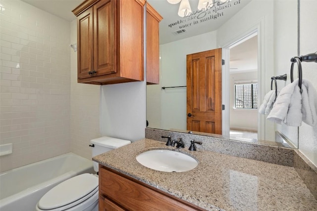 full bath featuring visible vents, shower / bathing tub combination, vanity, and toilet