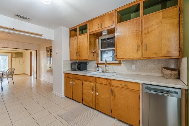 kitchen with a sink, visible vents, light countertops, stainless steel dishwasher, and open shelves