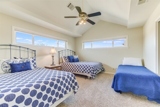 100 Boot Hl, Horseshoe Bay, TX 78657 - carpeted bedroom with lofted ceiling, ceiling fan, visible vents, and baseboards