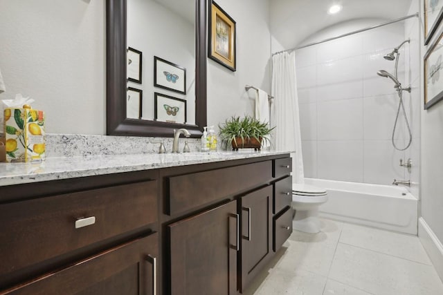 full bath featuring toilet, shower / tub combo, tile patterned flooring, and vanity