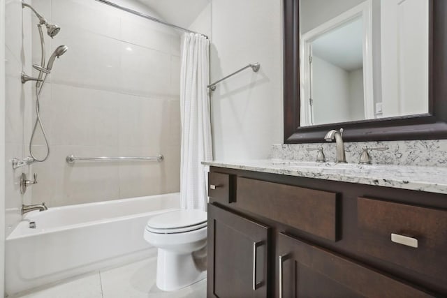 full bathroom featuring toilet, tile patterned flooring, shower / bath combination with curtain, and vanity