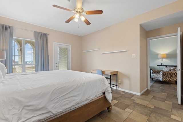 bedroom with access to outside, baseboards, and ceiling fan