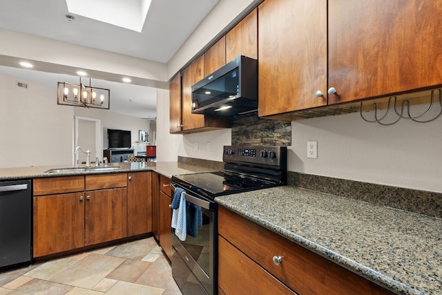 kitchen with stone countertops, brown cabinetry, a sink, black range with electric cooktop, and stainless steel dishwasher