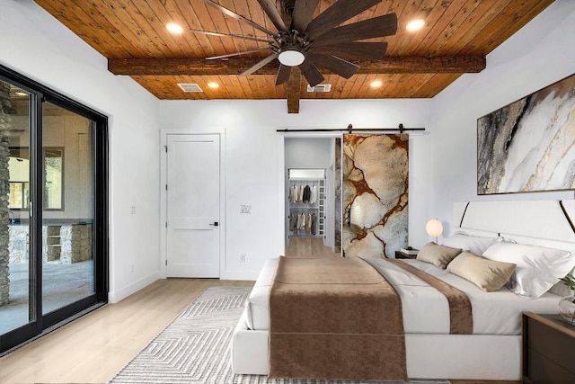 LOT34 Prancing Deer Ln, Johnson City, TX 78636 - bedroom featuring visible vents, a barn door, wood ceiling, access to outside, and beamed ceiling