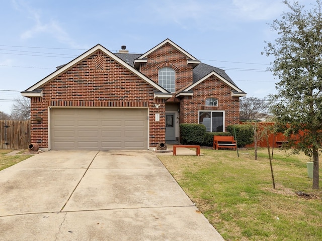 traditional-style home featuring brick siding, concrete driveway, an attached garage, a front yard, and fence