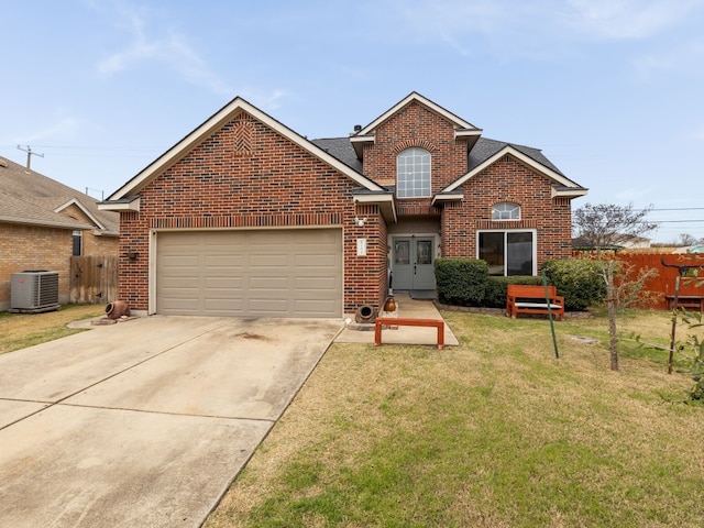 traditional-style home with a garage, driveway, brick siding, central AC, and a front yard