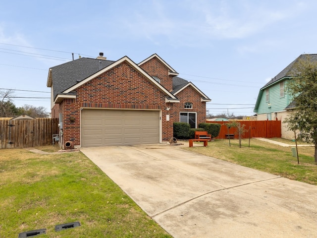 traditional-style home featuring a garage, concrete driveway, brick siding, and a front lawn