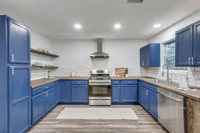 kitchen with wall chimney exhaust hood, wood counters, blue cabinets, stainless steel appliances, and a sink